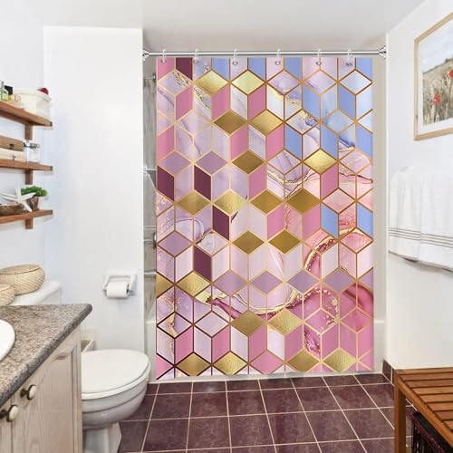 Uiiooazy Duschvorhang Marmor Rosa, Duschvorhang Blau Gold Klein Geometrisches Muster Duschvorhäng Anti Schimmel Wasserdicht Polyester Stoff Waschbar Blickdicht Bad Vorhang mit 10 Haken 150Bx180Hcm von Uiiooazy