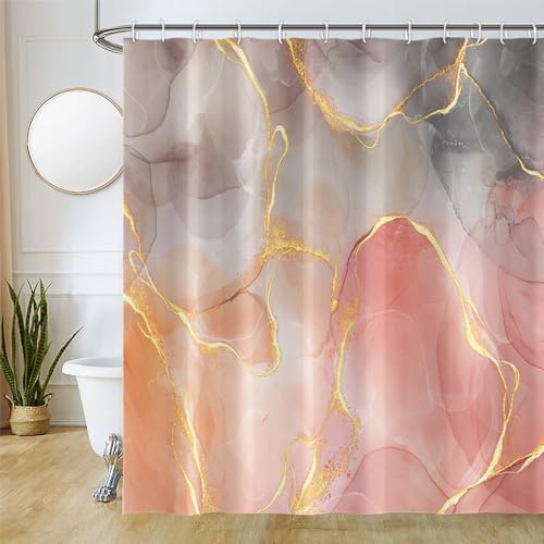 Uiiooazy Duschvorhang Marmor Rosa, Duschvorhang Grau Gold Marmoriert Duschvorhäng Anti Schimmel Wasserdicht Polyester Stoff Waschbar Blickdicht Bad Vorhang mit 12 Haken für Badezimmer 180Bx200Hcm von Uiiooazy