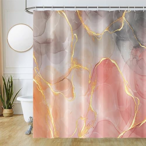 Uiiooazy Duschvorhang Marmor Rosa, Duschvorhang Grau Gold Marmoriert Duschvorhäng Anti Schimmel Wasserdicht Polyester Stoff Waschbar Blickdicht Bad Vorhang mit 12 Haken für Badezimmer 180Bx220Hcm von Uiiooazy