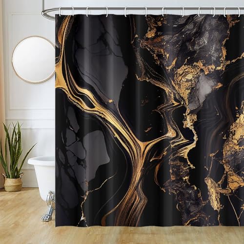 Uiiooazy Duschvorhang Marmor Schwarz, Duschvorhang Gold Marmoriert Duschvorhäng Anti Schimmel Wasserabweisend Polyester Stoff Waschbar Blickdicht Bad Vorhang mit 12 Haken für Badezimmer 240Bx180Hcm von Uiiooazy