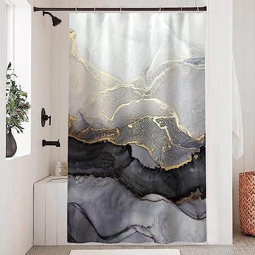 Uiiooazy Duschvorhang Marmor Schwarz, Duschvorhang Grau Gold Marmoriert Optik Duschvorhäng Anti Schimmel Wasserdicht Polyester Stoff Waschbar Schmal Bad Vorhang mit 8 Haken für Badezimmer 120Bx200Hcm von Uiiooazy