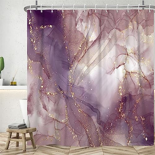 Uiiooazy Duschvorhang Marmor Violett, Duschvorhang Lila Gold Marmoriert Duschvorhänge Anti Schimmel Wasserdicht Polyester Stoff Waschbar Blickdicht Bad Vorhang mit 12 Haken für Badezimmer 200Bx180Hcm von Uiiooazy