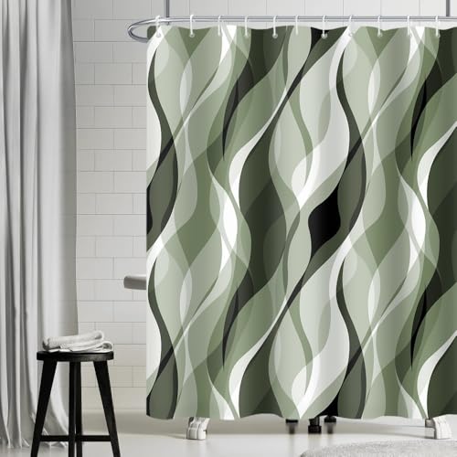 Uiiooazy Duschvorhang Olivgrün, Duschvorhang Abstrakt Geometrisches Muster Streifen Linien Duschvorhäng Anti Schimmel Wasserdicht Polyester Stoff Bad Vorhang mit 12 Haken für Badezimmer 180x220cm von Uiiooazy