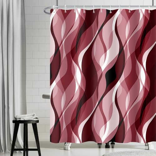 Uiiooazy Duschvorhang Rot, Duschvorhang Abstrakt Geometrisches Muster Streifen Linien Duschvorhäng Anti Schimmel Wasserdicht Polyester Stoff Waschbar Bad Vorhang mit 12 Haken für Badezimmer 180x180cm von Uiiooazy