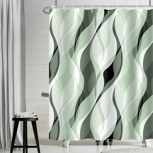 Uiiooazy Duschvorhang Salbeigrün, Duschvorhang Abstrakt Geometrische Muster Linien Streifen Duschvorhäng Anti Schimmel Wasserdicht Polyester Stoff Bad Vorhang mit 12 Haken für Badezimmer 180x180cm von Uiiooazy