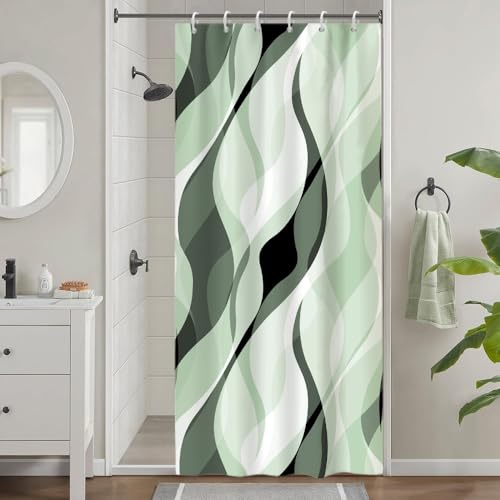Uiiooazy Duschvorhang Grün, Duschvorhang Schmal 90x180cm Anti Schimmel Salbeigrün Gradient Streifen Linien Gemustert Duschvorhäng Stoff Waschbar Wasserdicht Bad Vorhang mit 6 Haken für Badezimmer von Uiiooazy