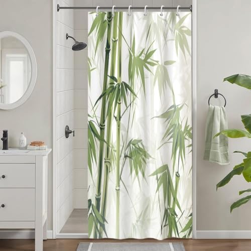 Uiiooazy Duschvorhang Schmal 90x180cm, Duschvorhang Anti Schimmel Bambus Grüne Blätter Spa Bambus Optik Klein Duschvorhänge Stoff Waschbar Wasserdicht Polyester Bad Vorhang mit 6 Haken für Badezimmer von Uiiooazy