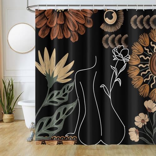 Uiiooazy Duschvorhang Schwarz, Duschvorhang 200x180cm Abstrakt Blumen Boho Style Grüne Blätter Duschvorhänge Anti Schimmel Stoff Waschbar Wasserdicht Polyester Bad Vorhang mit 12 Haken für Badezimmer von Uiiooazy