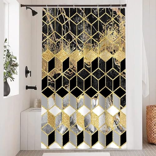 Uiiooazy Duschvorhang Schwarz Gold, Duschvorhang Marmor Grau Geometrisches Muster Duschvorhäng Anti Schimmel Wasserdicht Polyester Stoff Waschbar Bad Vorhang mit 8 Haken für Badezimmer 120Bx180Hcm von Uiiooazy