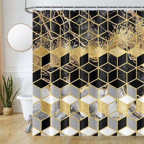 Uiiooazy Duschvorhang Schwarz Gold, Duschvorhang Marmor Grau Klein Geometrisches Muster Duschvorhäng Anti Schimmel Wasserdicht Polyester Stoff Waschbar Blickdicht Bad Vorhang mit 12 Haken 180Bx180Hcm von Uiiooazy