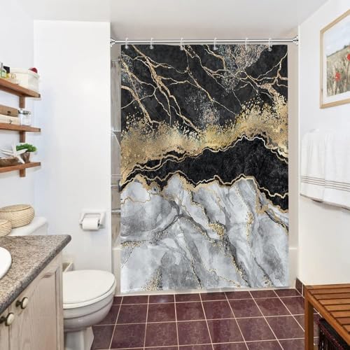 Uiiooazy Duschvorhang Schwarz Gold, Duschvorhang Marmor Optik Grau Abstrakt Duschvorhäng Anti Schimmel Wasserdicht Polyester Stoff Waschbar Bad Vorhang mit 10 Haken für Badezimmer 150Bx200Hcm von Uiiooazy