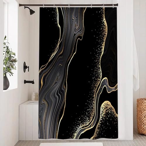Uiiooazy Duschvorhang Schwarz Gold, Duschvorhang 120x200cm Anti Schimmel Marmor Optik Abstrakt Grau Marmoriert Modern Duschvorhänge Stoff Waschbar Wasserdicht Bad Vorhang mit 8 Haken für Badezimmer von Uiiooazy