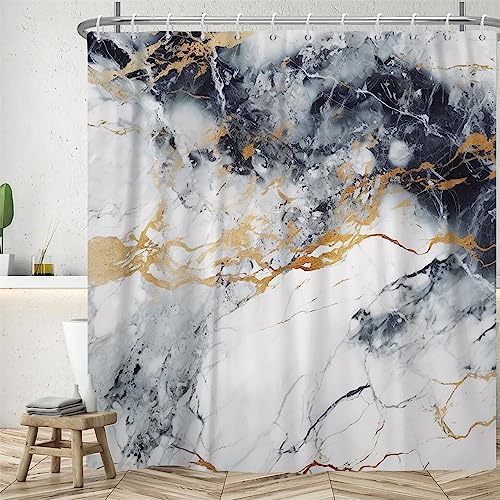 Uiiooazy Duschvorhang Schwarz Gold, Duschvorhang Marmor Optik Grau Gold Duschvorhäng Anti Schimmel Wasserdicht Polyester Stoff Waschbar Blickdicht Bad Vorhang mit 12 Haken für Badezimmer 240Bx180Hcm von Uiiooazy