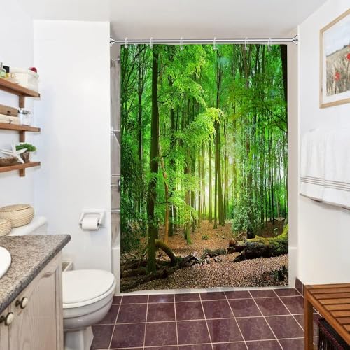 Uiiooazy Duschvorhang 150x180cm, Duschvorhang Anti Schimmel Grüne Blätter Frühling Herbst Wald Landschaft Duschvorhänge Stoff Waschbar Wasserdicht Polyester Bad Vorhang mit 10 Haken für Badezimmer von Uiiooazy