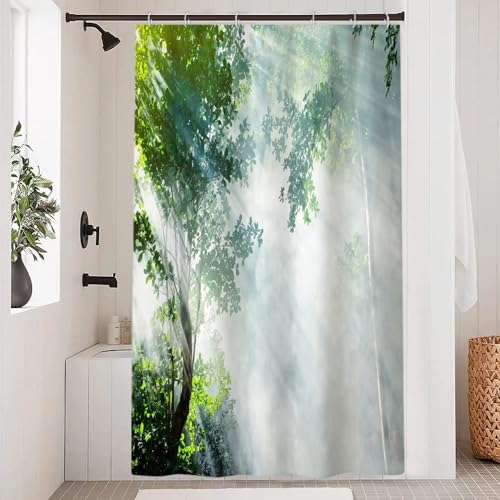 Uiiooazy Duschvorhang Wald, Duschvorhang Grün Blätter Natur Landschaft Duschvorhäng Anti Schimmel Wasserabweisend Polyester Stoff Waschbar Blickdicht Bad Vorhang mit 8 Haken für Badewanne 120Bx180Hcm von Uiiooazy