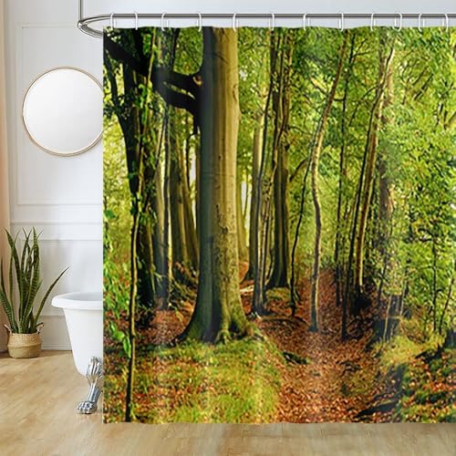 Uiiooazy Duschvorhang Wald, Duschvorhang Grün Blätter Pflanzen Baum Natürlich Landschaft Textil Duschvorhäng Anti Schimmel Wasserdicht Polyester Stoff Blickdicht Bad Vorhang mit 12 Haken 240Bx180Hcm von Uiiooazy