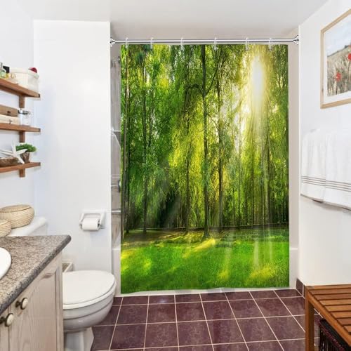 Uiiooazy Duschvorhang 150x180cm, Duschvorhang Anti Schimmel Sommer Grüne Blätter Landschaft Waldmotiv Duschvorhänge Stoff Waschbar Wasserdicht Polyester Bad Vorhang mit 10 Haken für Badezimmer von Uiiooazy