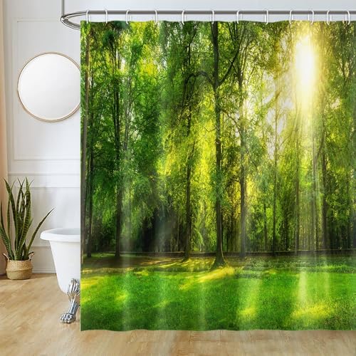 Uiiooazy Duschvorhang Wald, Duschvorhang Grün Blätter Pflanzenmotiv Duschvorhänge Anti Schimmel Wasserdicht Polyester Stoff Waschbar Blickdicht Bad Vorhang mit 12 Haken für Badezimmer 180Bx180Hcm von Uiiooazy