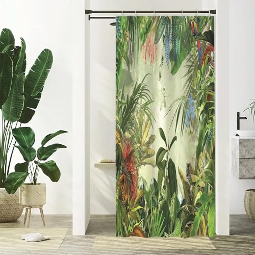 Uiiooazy Duschvorhang Schmal 90x180cm, Duschvorhang Anti Schimmel Tropisch Grüne Blätter Jungle Wald Boho Style Klein Duschvorhänge Stoff Waschbar Wasserdicht Bad Vorhang mit 6 Haken für Badezimmer von Uiiooazy