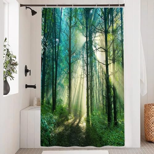 Uiiooazy Duschvorhang Wald, Duschvorhang Pflanzenmotiv Sonnenlicht Natur Landschaft Duschvorhänge Anti Schimmel Wasserdicht Polyester Stoff Waschbar Bad Vorhang mit 8 Haken für Badezimmer 120Bx200Hcm von Uiiooazy