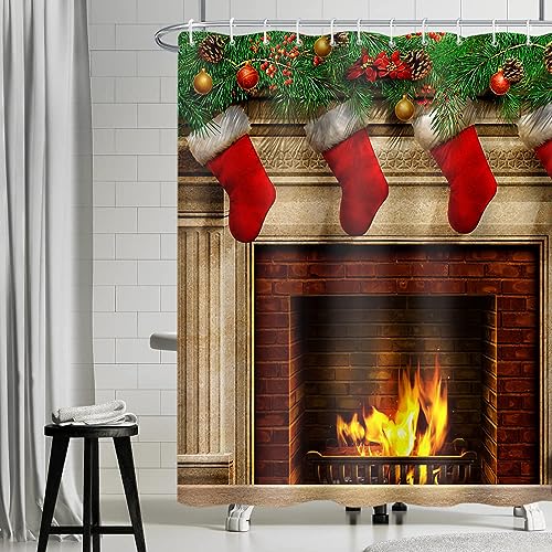 Uiiooazy Duschvorhang Weihnachten, Duschvorhang Kamin Rot Weihnachtssocke Grün Blätter Duschvorhäng Anti Schimmel Wasserdicht Polyester Blickdicht Bad Vorhang mit 12 Haken für Badezimmer 180Bx180Hcm von Uiiooazy