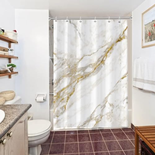 Uiiooazy Duschvorhang Weiß Gold, Duschvorhang Marmor Optik Grau Abstrakt Marmoriert Duschvorhäng Anti Schimmel Wasserdicht Polyester Stoff Waschbar Bad Vorhang mit 10 Haken für Badezimmer 150Bx200Hcm von Uiiooazy