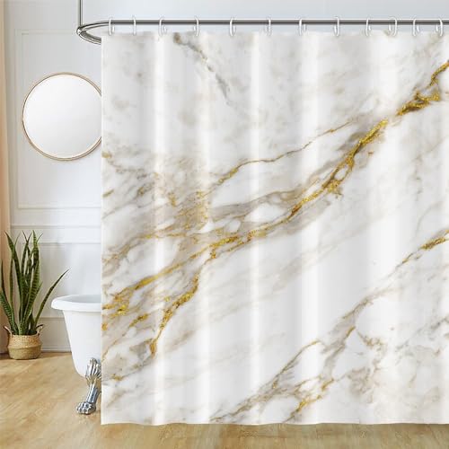 Uiiooazy Duschvorhang Weiß Gold, Duschvorhang Marmor Optik Grau Abstrakt Marmoriert Duschvorhäng Anti Schimmel Wasserdicht Polyester Stoff Waschbar Bad Vorhang mit 12 Haken für Badezimmer 180Bx220Hcm von Uiiooazy