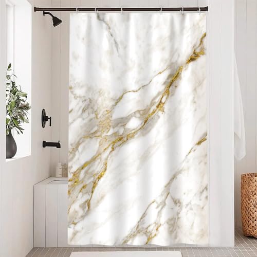 Uiiooazy Duschvorhang Weiß Gold, Duschvorhang Marmor Optik Grau Abstrakt Marmoriert Duschvorhäng Anti Schimmel Wasserdicht Polyester Stoff Waschbar Bad Vorhang mit 8 Haken für Badezimmer 120Bx200Hcm von Uiiooazy