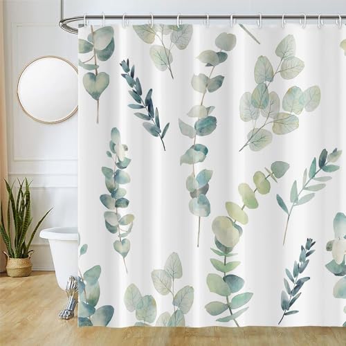 Duschvorhang Eukalyptus, Uiiooazy Duschvorhang Grün Blätter Pflanzenmotiv Duschvorhäng Anti Schimmel Wasserdicht Polyester Stoff Blickdicht Waschbar Bad Vorhang mit 12 Haken für Badezimmer 180Bx180Hcm von Uiiooazy