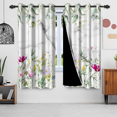 Uiiooazy Gardinen Eukalyptus, Vorhänge Blickdicht Grün Blätter Weiß Marmor Bunt Blumen Thermogardinen Hitzeschutz Verdunkelungsvorhäng mit Ösen für Schlafzimmer Wohnzimmer Küche, 2er Set, 140x160cm von Uiiooazy