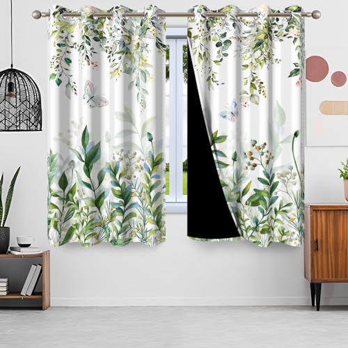 Uiiooazy Gardinen Eukalyptus, Vorhänge Grün Blätter Blumen Rosa Schmetterling Vorhang Blickdicht mit Ösen Thermogardinen Verdunklungsvorhänge für Wohnzimmer Schlafzimmer Fenster, 2er Set, 60Bx120Hcm von Uiiooazy