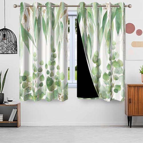 Uiiooazy Gardinen Eukalyptus, Vorhang Grün Blätter Pflanzen Textil Vorhänge Blickdicht Polyester Gardine Verdunklungsvorhänge mit Ösen für Wohnzimmer Schlazimmer Fenster Balkon 2er Set, 140x225cm von Uiiooazy