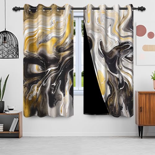 Uiiooazy Gardinen Marmoroptik, Vorhang Schwarz Gold Marmoriert Blickdicht Moderne Vorhänge Polyester Gardinen mit Ösen Verdunklungsvorhänge für Wohnzimmer Schlazimmer Fenster, 2er Set, 140x175cm von Uiiooazy