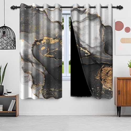 Uiiooazy Gardinen Schwarz, Vorhänge Blickdicht Marmor Optik Grau Marmoriert Modern Thermogardine Hitzeschutz Verdunkelungsvorhäng mit Ösen für Schlafzimmer Wohnzimmer Küche Fenster, 2er Set, 45x90cm von Uiiooazy