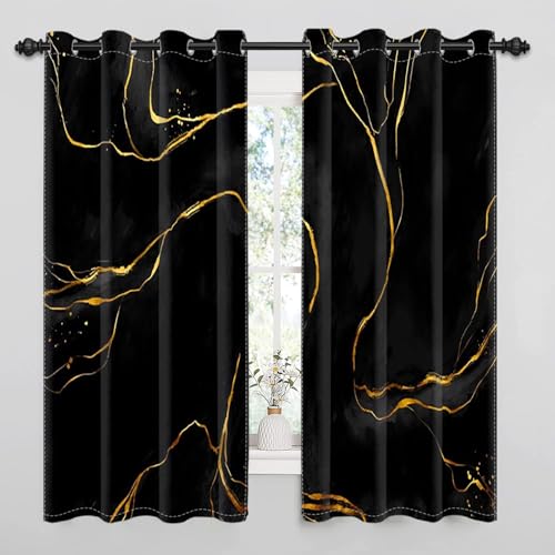 Uiiooazy Gardinen Schwarz Gold, Vorhänge Marmoroptik Abstrakt Marmoriert Vorhang Blickdicht mit Ösen Thermogardinen Verdunklungsvorhänge für Wohnzimmer Schlafzimmer Kinderzimmer, 2er Set, 140Bx225Hcm von Uiiooazy