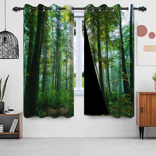 Uiiooazy Gardinen Wald, Vorhänge Grün Blätter Pflanzen Baum Motiv Thermovorhang Polyester Schattierungsvorhänge Verdunkelungsvorhänge mit Ösen für Schlafzimmer Wohnzimmer Kinderzimmer, 140x175cm von Uiiooazy