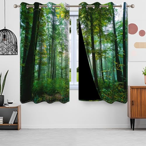 Uiiooazy Gardinen Wald, Vorhänge Grün Blätter Pflanzen Baum Motiv Thermovorhang Polyester Schattierungsvorhänge Verdunkelungsvorhänge mit Ösen für Schlafzimmer Wohnzimmer Kinderzimmer, 140x225cm von Uiiooazy