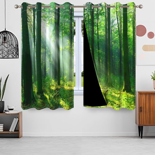 Uiiooazy Gardinen Wald, Vorhänge Grün Blätter Wälder Sonnenlicht Druck Schattierungsvorhänge Thermovorhang Polyester Verdunkelungsvorhänge mit Ösen für Schlafzimmer Wohnzimmer Kinderzimmer, 140x175cm von Uiiooazy