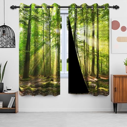 Uiiooazy Gardinen Waldmotiv, Vorhänge Grün Blätter Sonnenlicht Landschaft Gardinen Blickdicht Thermovorhang Polyester Thermogardinen Verdunklungsvorhänge mit Ösen für Wohnzimmer, 2er Set, 140x200cm von Uiiooazy