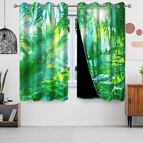 Uiiooazy Gardinen Waldmotiv, Vorhang Tropische Pflanzen Dschungel Grün Blätter Wälder Sonnenlicht Druck Schattierungsvorhäng Blickdicht Lichtundurchlässig für Wohnzimmer Balkon Fenster 135x160cm von Uiiooazy