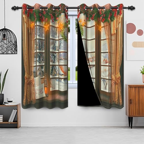 Uiiooazy Gardinen Weihnachten, Vorhänge Grün Blätter Rot Ball Bänder Schneeflocke Landschaft Thermogardinen Blickdicht mit Ösen Verdunklungsvorhänge für Wohnzimmer Schlafzimmer, 2er Set, 107Bx160Hcm von Uiiooazy