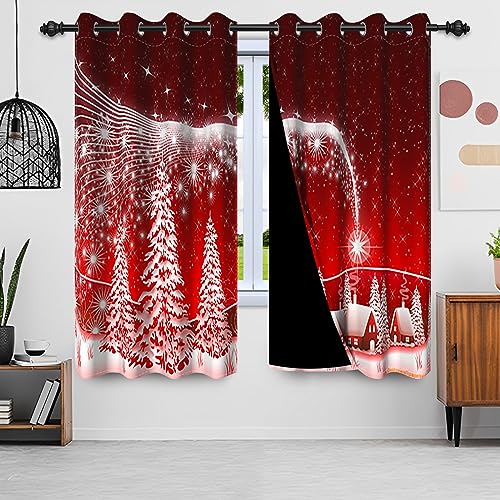 Uiiooazy Gardinen Weihnachten, Vorhang Schnee Winterlandschaft Weihnachtsbaum Vorhänge Blickdicht Polyester Gardine Verdunklungsvorhänge mit Ösen für Wohnzimmer Schlazimmer Fenster Balkon 140Bx175Hcm von Uiiooazy