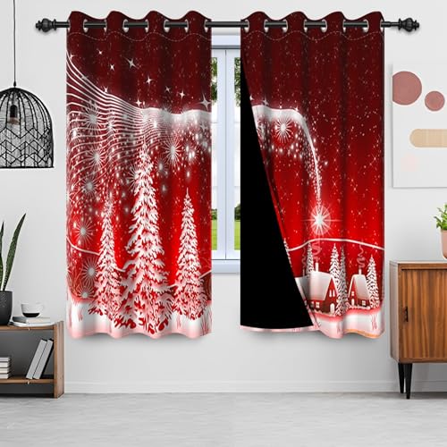 Uiiooazy Gardinen Weihnachten, Vorhang Schnee Winterlandschaft Weihnachtsbaum Vorhänge Blickdicht Polyester Gardine Verdunklungsvorhänge mit Ösen für Wohnzimmer Schlazimmer Fenster Balkon 140Bx260Hcm von Uiiooazy