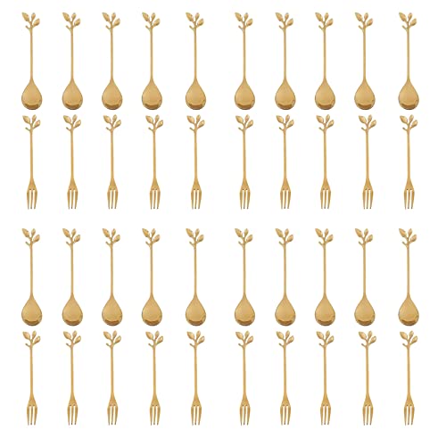 Uikdjgu 20Spoon + 20Forks Edelstahlblatt Kaffee KuchenlöFfel DessertlöFfel, Rühren TeelöFfel Set Golden von Uikdjgu