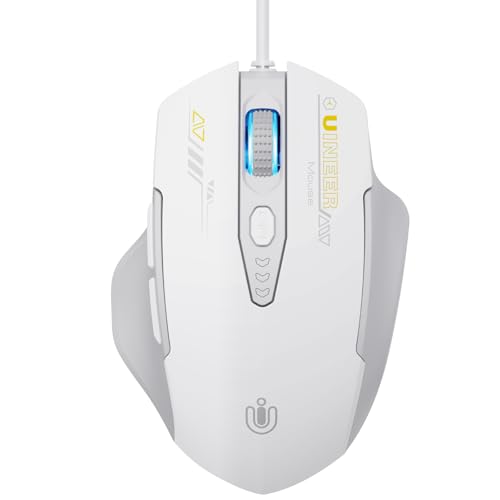 Uineer Maus Mit Kabel, ergonomisches Design, bis zu 7200 DPI einstellbar mit 6 Tasten, Computer Maus PC Laptop Computer,Plug & Play,Grau und Weiß von Uineer