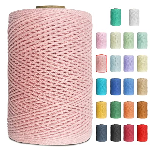 Uiopa Makramee Garn 1mm x 200m Baumwollgarn Baumwollkordel Macrame Cord 3 Stränge Farbig für Wandbehang, Weben, Häkeln, Textilgarn, Macrame Basteln (Rosa) von Uiopa