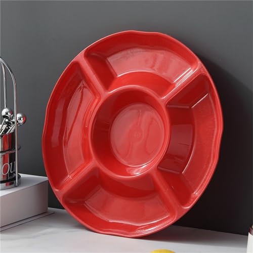 1pcs Snackteller mit 5 Fächern, PP-Material Snackschale mit 5pcs Obstgabeln Wiederverwendbar, S/M/L Plastik Snackteller Obstteller, für Nuss Candy Getrocknetes Obst Essen (Rot,S - 23cm) von Uixxducc