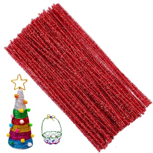 200/300/400 Stück Glitzer Pfeifenreiniger Chenilledraht, 30cm Pfeifenputzer zum Basteln, Glitzer Pfeiffenputzer für DIY Handwerk Dekorationen (200Stück,Rot) von Uixxducc