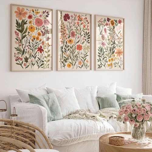 3er Poster Set, Vintage Abstrakte Blumen Bilder Set, Ästhetische Wildblume Rustikale Bilder Poster & Kunstdrucke Wandbilder, Wanddeko für Wohnzimmer Schlafzimmer, Bilder Ohne Rahmen (30x40cm,ABC) von Uixxducc