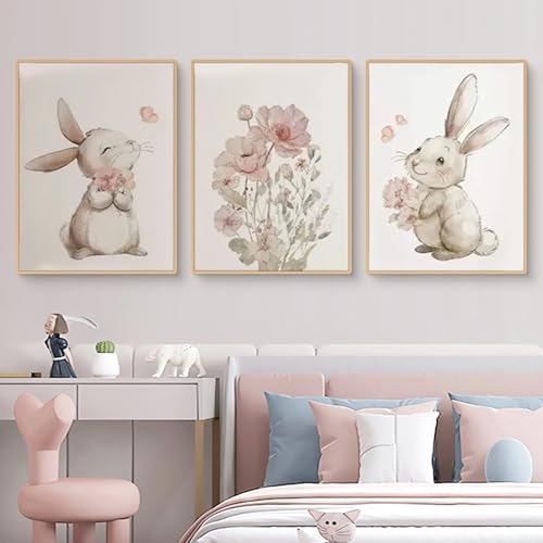3er Set Hasen Wildblumen Aquarell Ostern Poster Set, Frühling Floral OsternTiere Hase Bilder Kinderposter, Wandbilder Deko für Kinderzimmer Babyzimmer Mädchen Jungen, Ohne Bilderrahmen (30x40cm) von Uixxducc